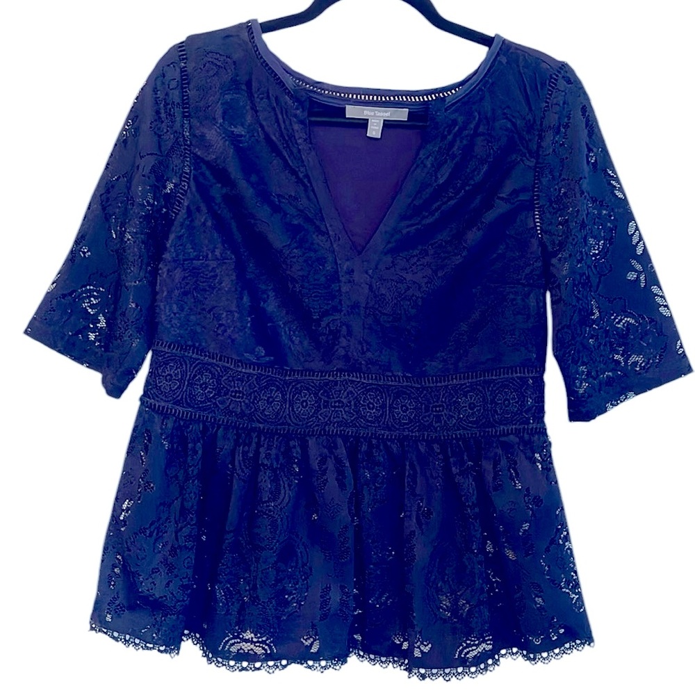 Anthropologie Size Small Blue Tassel Blouse in Navy Blue